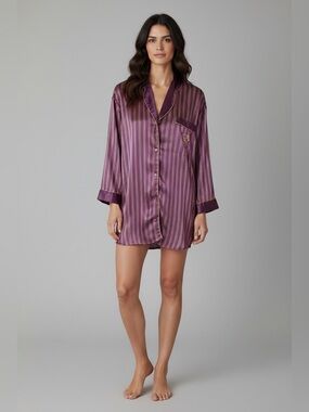 Victoria’s Secret Gold Label Burgundy/Gold Striped Satin Night Shirt Small